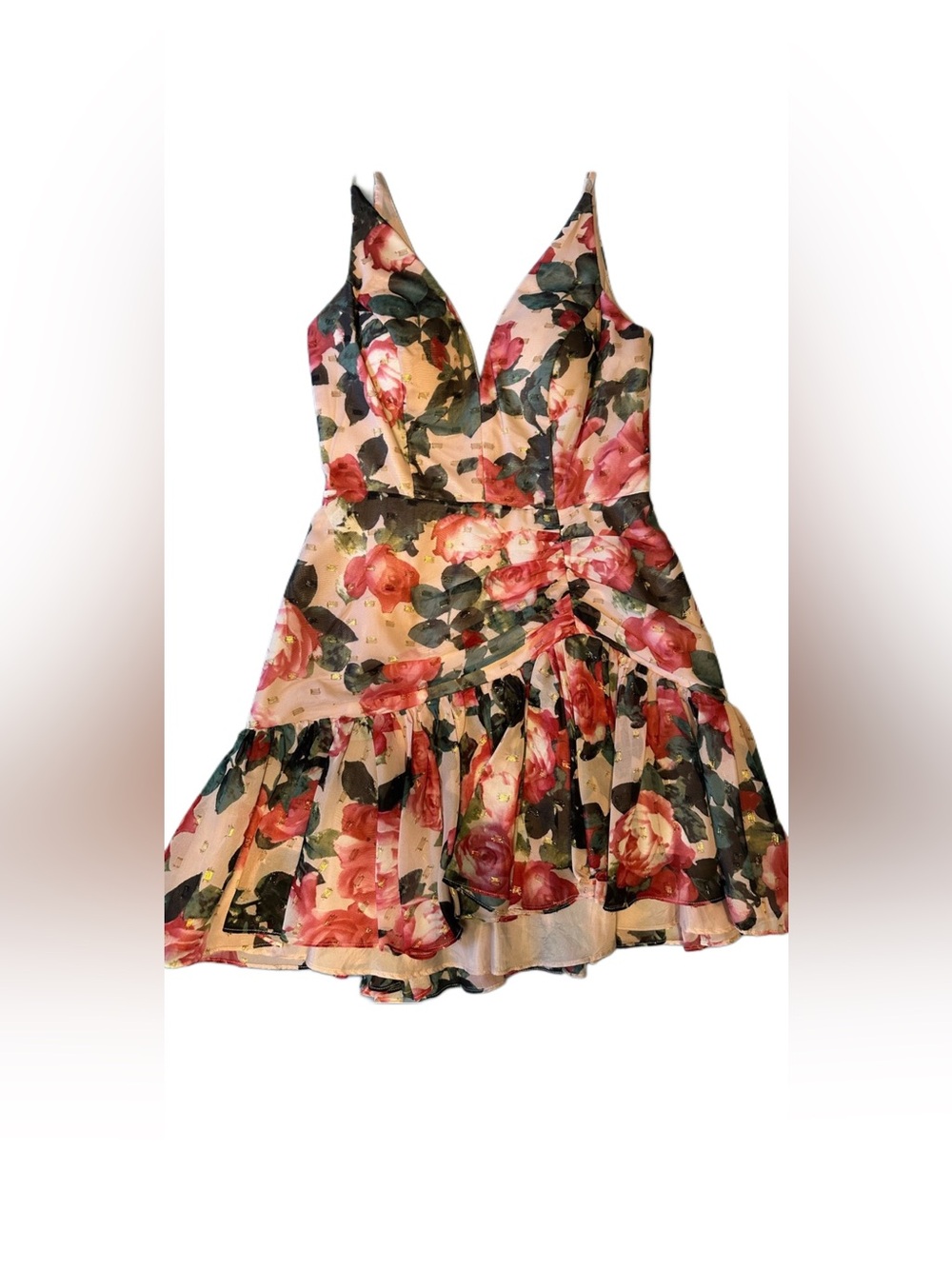 Floral Ruffle Dress Pink Rose Gold Metallic Fit & Flare Party Dress S/XS - Picture 2 of 4